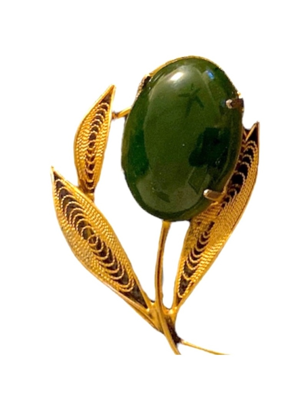 Vintage Gold Tone Filigree Brooch with Dark Green Jade Cabochon Oval Centerpiece